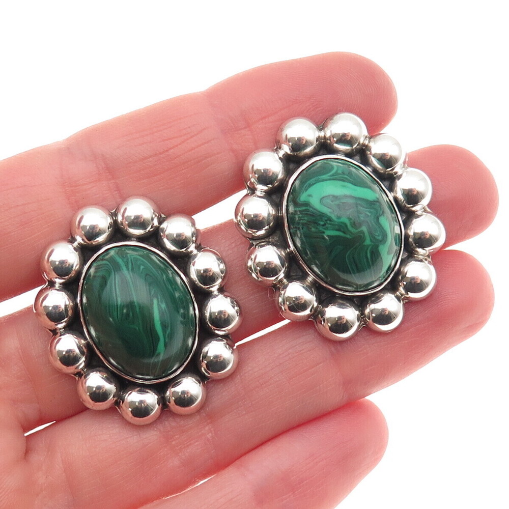 925 Sterling Silver Vintage Mexico Real Malachite Oxidized Beaded Earrings